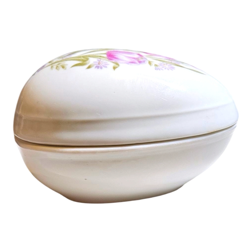 VTG Lefton Hand Painted Ceramic Porcelain Egg Trinket Jewlery Dish Purple Roses - Picture 4 of 9